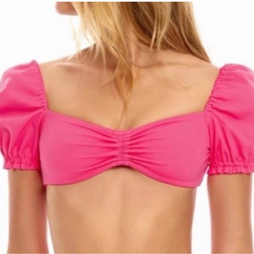 AGUA BENDITA Romina Luau BIKINI TOP Puff Sleeves Size L Fuchsia Pink